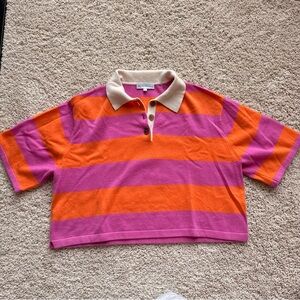 White + Warren Orange and Pink Striped Polo Cashmere Sweater